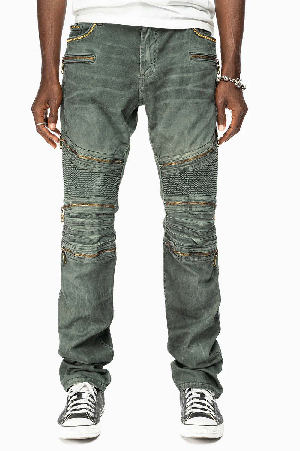MEN'S BIKER SLIM JEANS IN DUSTY GREEN WASH WITH EMBELISHMENT - Image 6