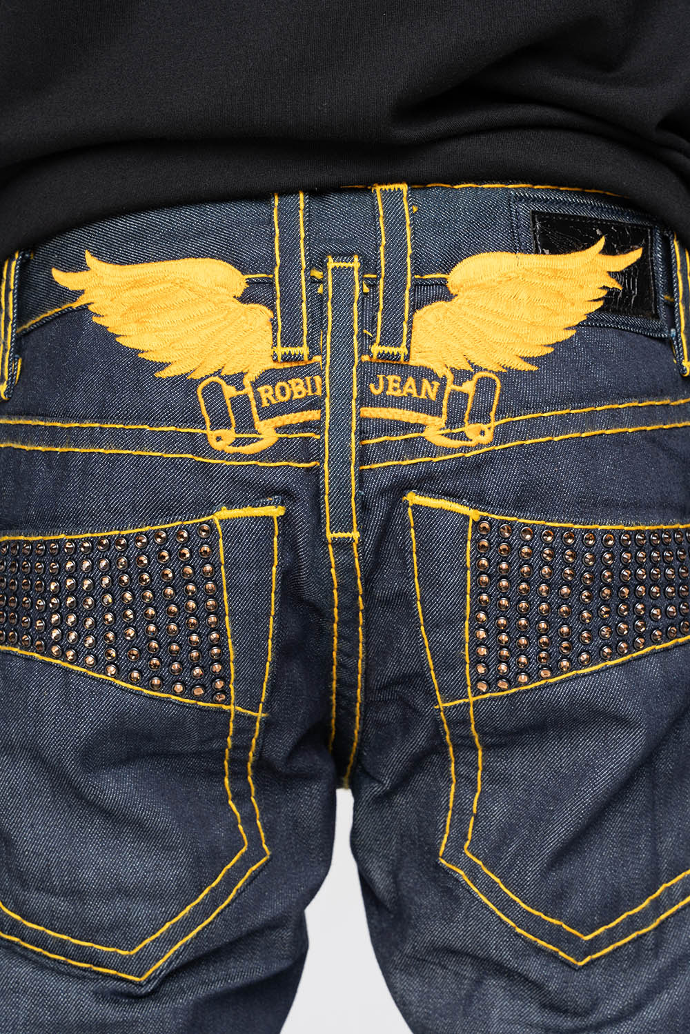 MENS CLASSIC 5 POCKET STRAIGHT LEG JEANS IN RAW DENIM  HEAVY ORANGE  STITCHING  WITH CRYSTALS - Image 2