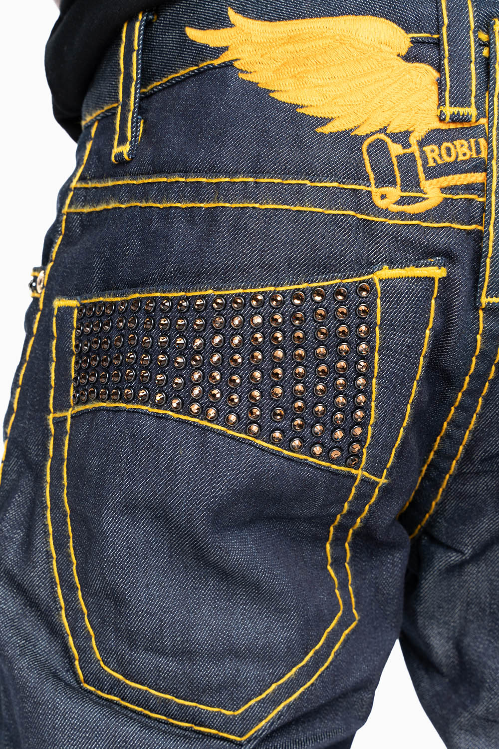 MENS CLASSIC 5 POCKET STRAIGHT LEG JEANS IN RAW DENIM  HEAVY ORANGE  STITCHING  WITH CRYSTALS - Image 3