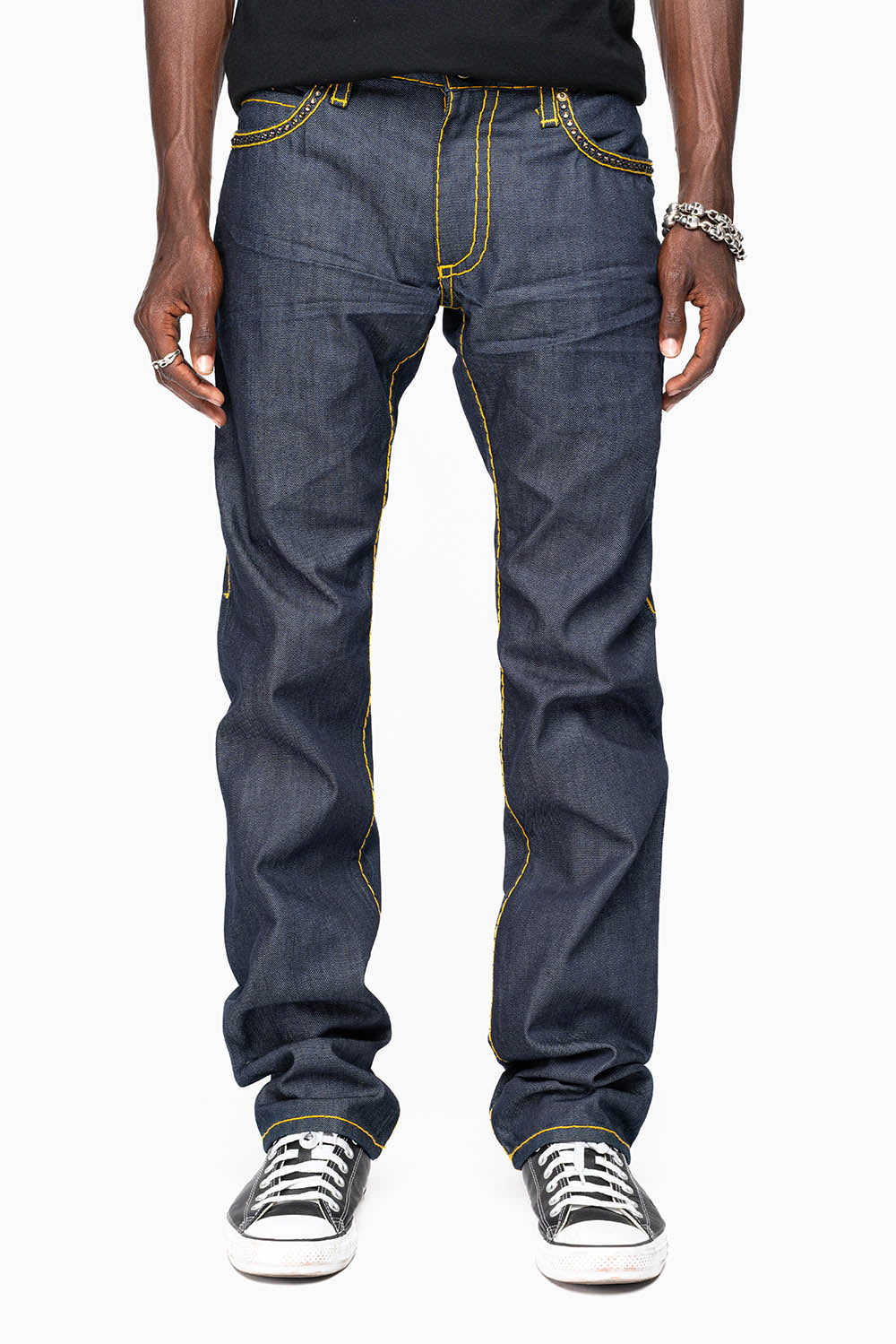 MENS CLASSIC 5 POCKET STRAIGHT LEG JEANS IN RAW DENIM  HEAVY ORANGE  STITCHING  WITH CRYSTALS - Image 4