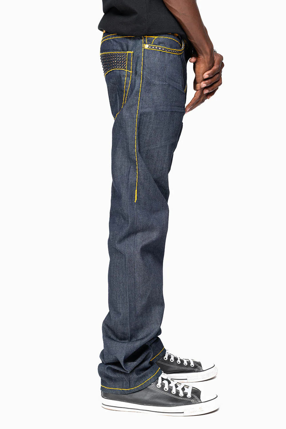 MENS CLASSIC 5 POCKET STRAIGHT LEG JEANS IN RAW DENIM  HEAVY ORANGE  STITCHING  WITH CRYSTALS - Image 5