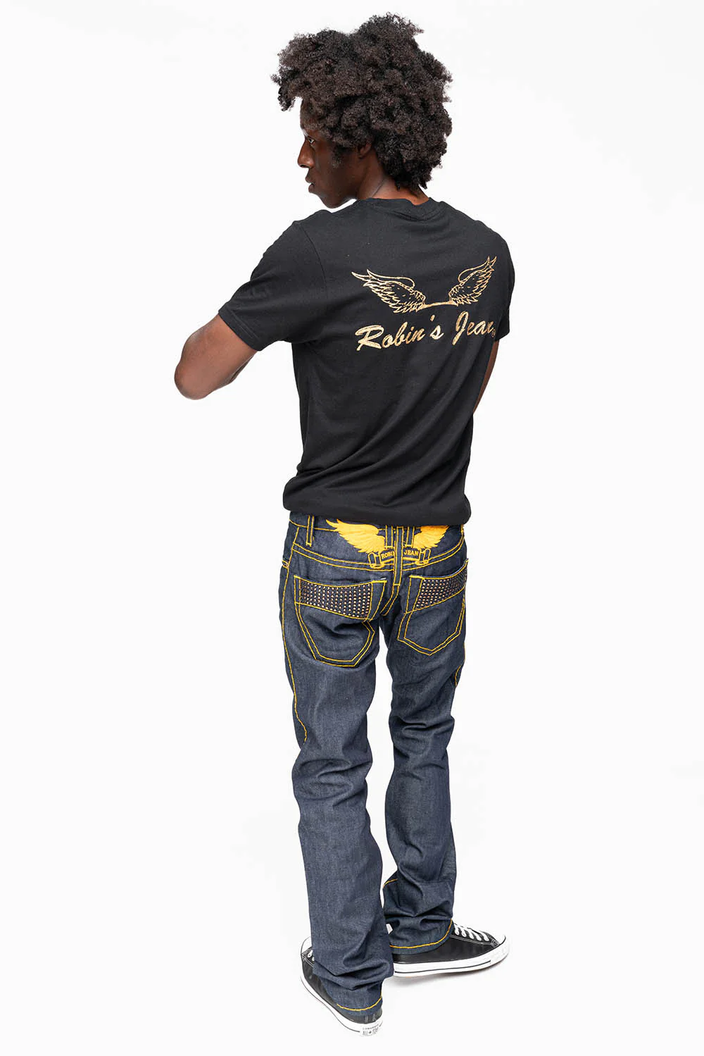 MENS CLASSIC 5 POCKET STRAIGHT LEG JEANS IN RAW DENIM  HEAVY ORANGE  STITCHING  WITH CRYSTALS - Image 9