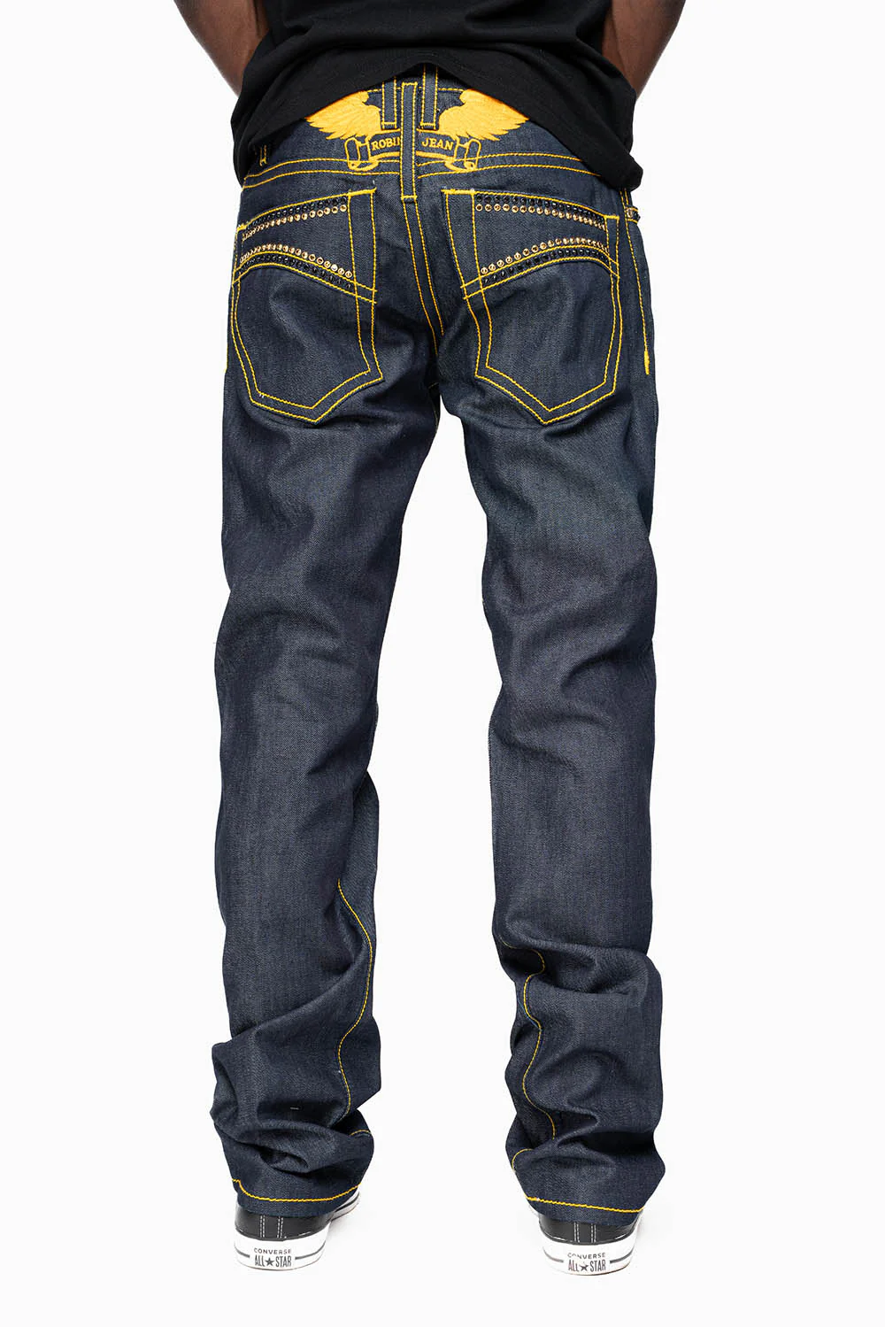 MENS CLASSIC 5 POCKET STRAIGHT LEG JEANS IN RAW DENIM  ORANGE  STICH WITH CRYSTALS - Image 2
