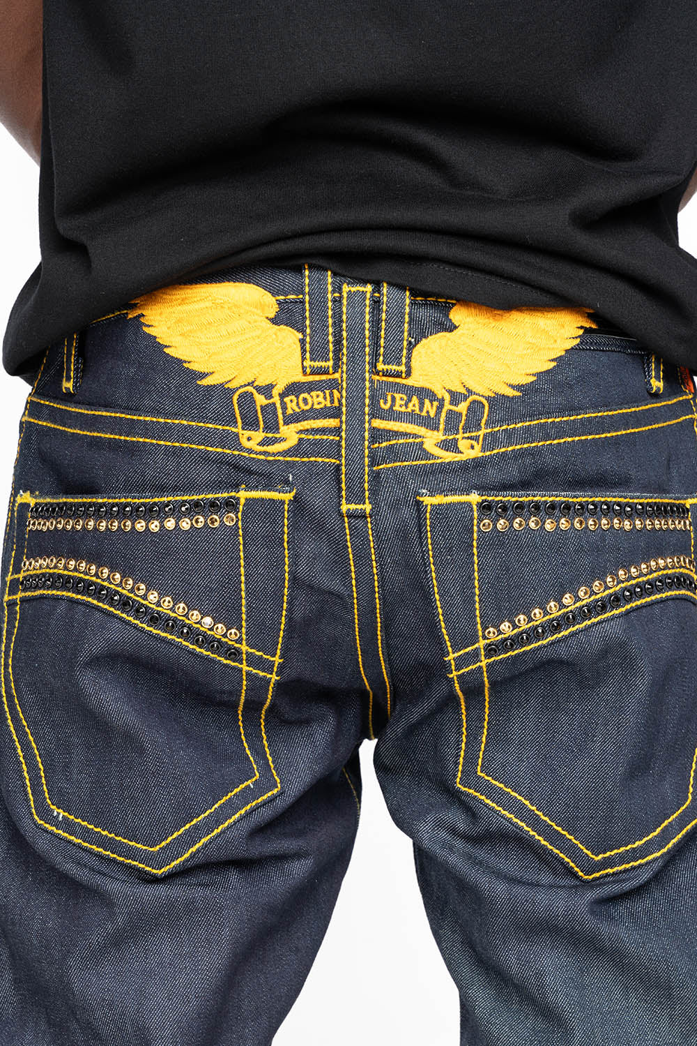 MENS CLASSIC 5 POCKET STRAIGHT LEG JEANS IN RAW DENIM  ORANGE  STICH WITH CRYSTALS - Image 3