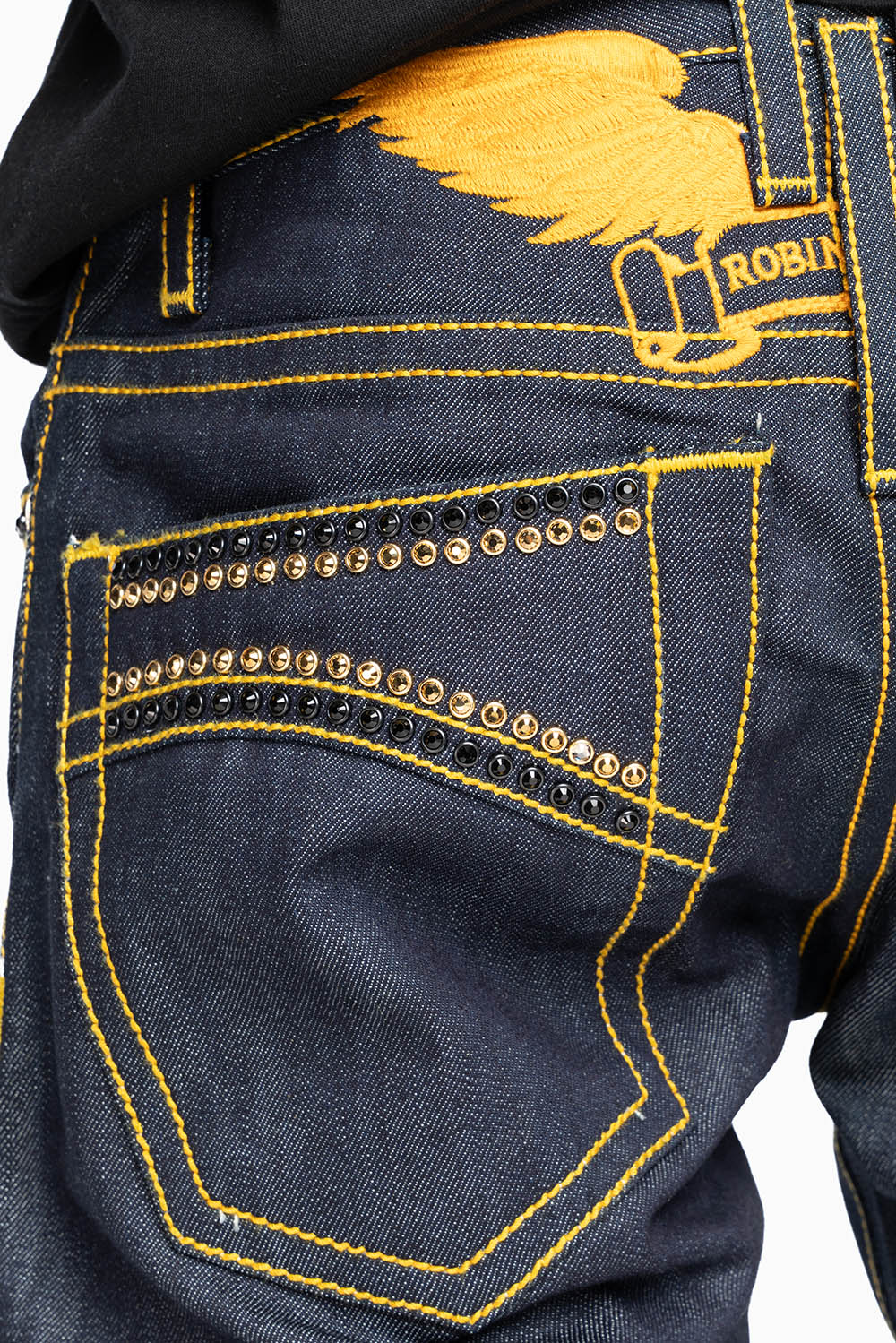 MENS CLASSIC 5 POCKET STRAIGHT LEG JEANS IN RAW DENIM  ORANGE  STICH WITH CRYSTALS - Image 4