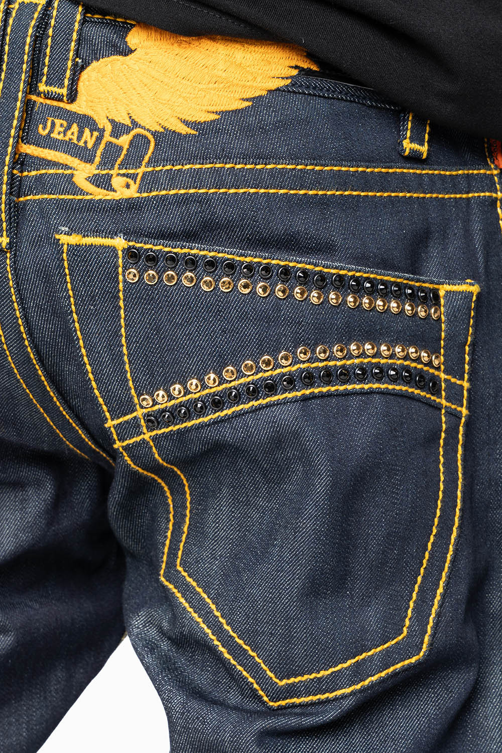 MENS CLASSIC 5 POCKET STRAIGHT LEG JEANS IN RAW DENIM  ORANGE  STICH WITH CRYSTALS - Image 5