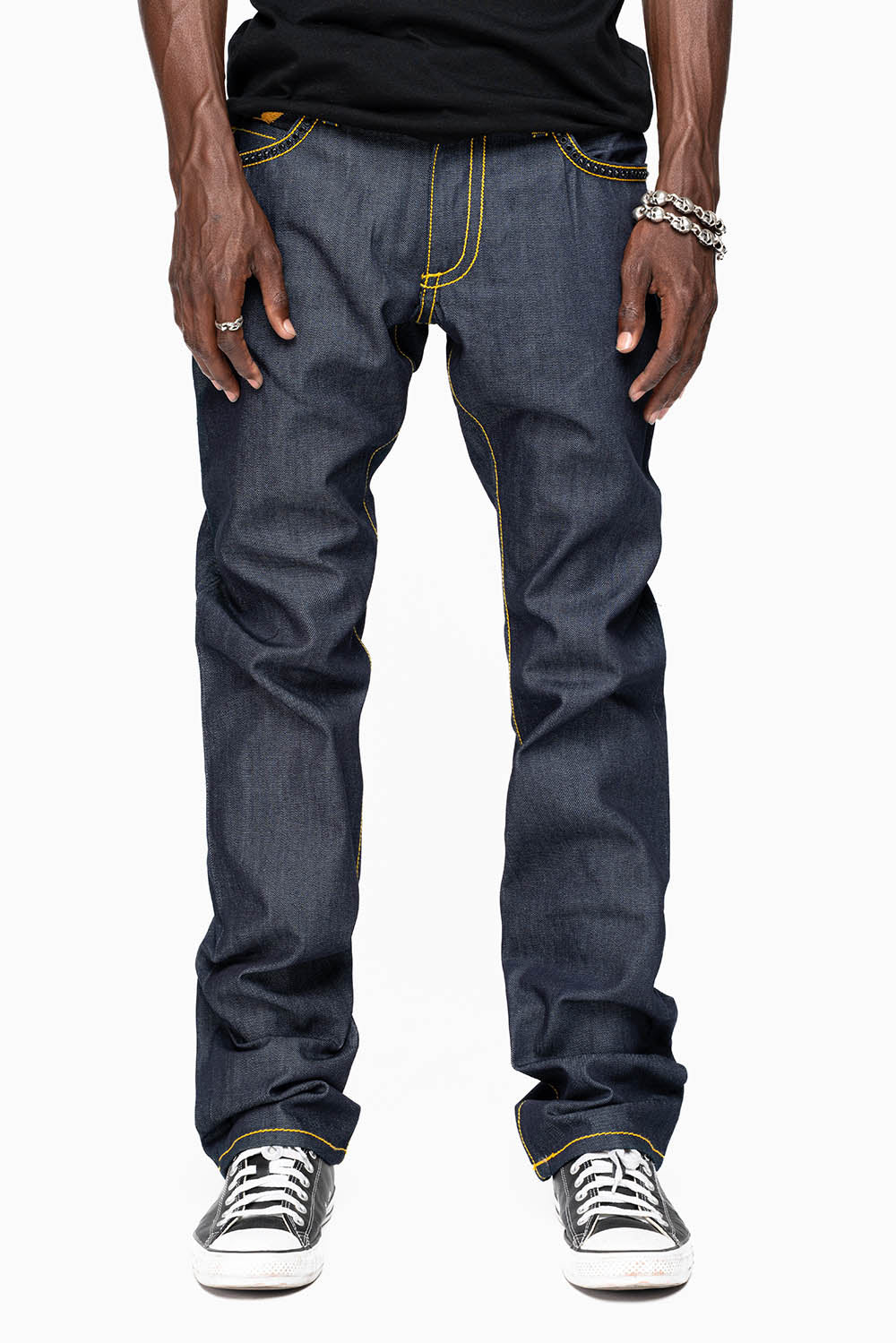 MENS CLASSIC 5 POCKET STRAIGHT LEG JEANS IN RAW DENIM  ORANGE  STICH WITH CRYSTALS - Image 6