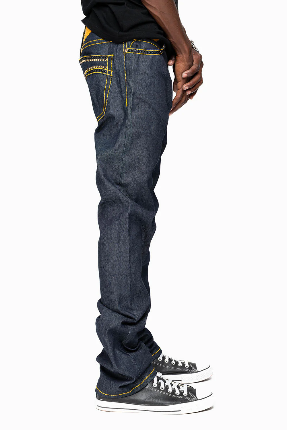 MENS CLASSIC 5 POCKET STRAIGHT LEG JEANS IN RAW DENIM  ORANGE  STICH WITH CRYSTALS - Image 7