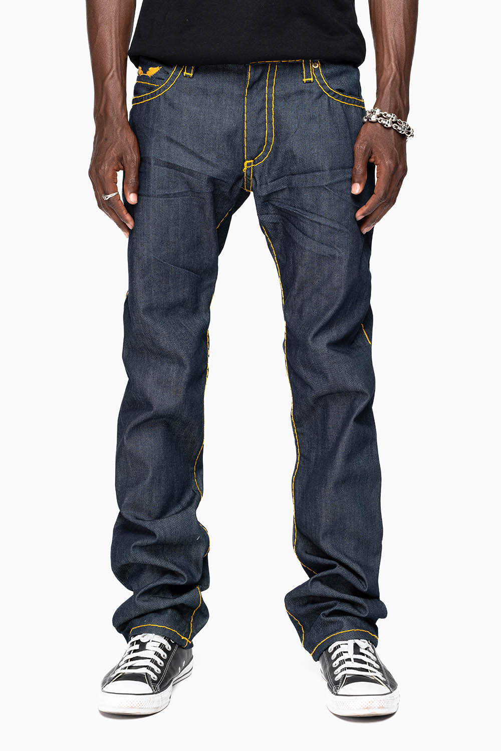 MENS CLASSIC 5 POCKET STRAIGHT LEG JEANS IN RAW DENIM  WITH HEAVY ORANGE  STITCHING - Image 2