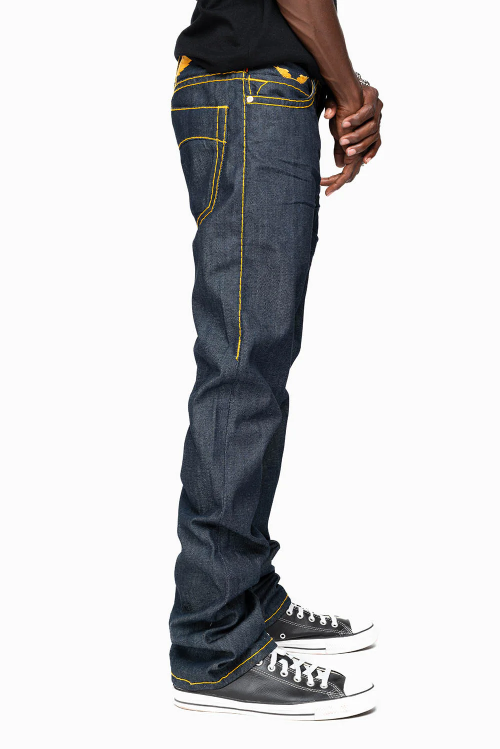 MENS CLASSIC 5 POCKET STRAIGHT LEG JEANS IN RAW DENIM  WITH HEAVY ORANGE  STITCHING - Image 4
