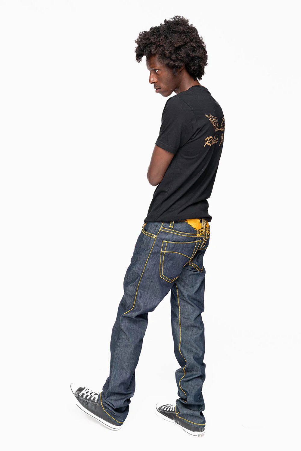 MENS CLASSIC 5 POCKET STRAIGHT LEG JEANS IN RAW DENIM  WITH HEAVY ORANGE  STITCHING - Image 7