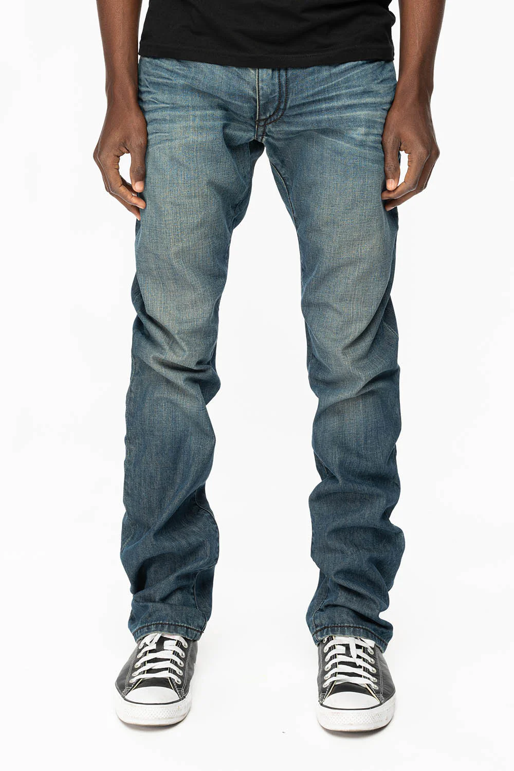 MENS CLASSIC 5 POCKET STRAIGHT LEG JEANS IN SMOKEY MEDIUM WASH WITH STUDS AND CRYSTALS - Image 2