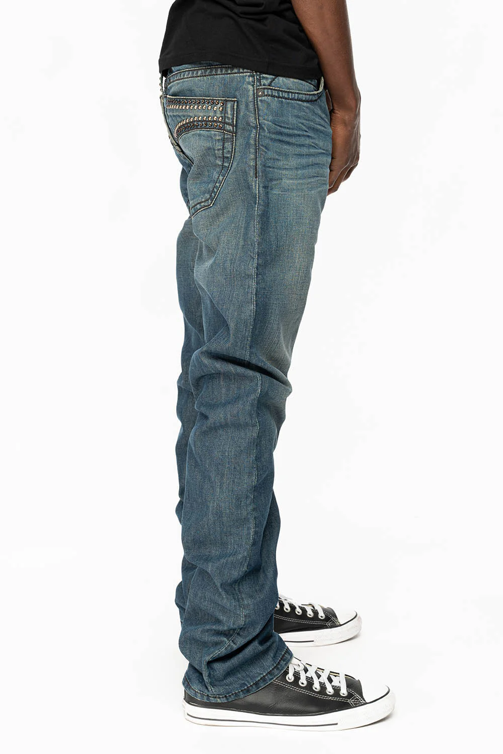 MENS CLASSIC 5 POCKET STRAIGHT LEG JEANS IN SMOKEY MEDIUM WASH WITH STUDS AND CRYSTALS - Image 3