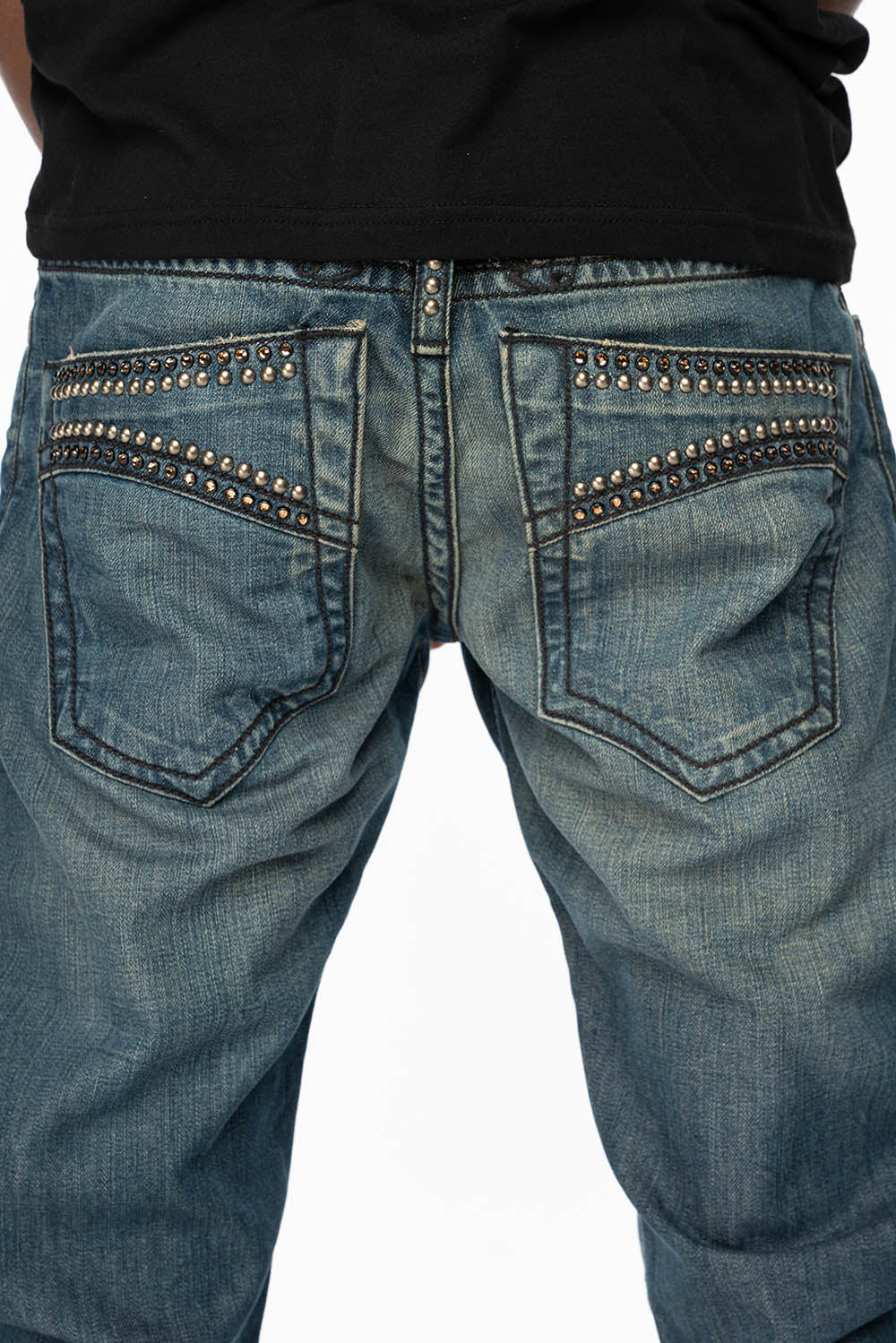 MENS CLASSIC 5 POCKET STRAIGHT LEG JEANS IN SMOKEY MEDIUM WASH WITH STUDS AND CRYSTALS - Image 4