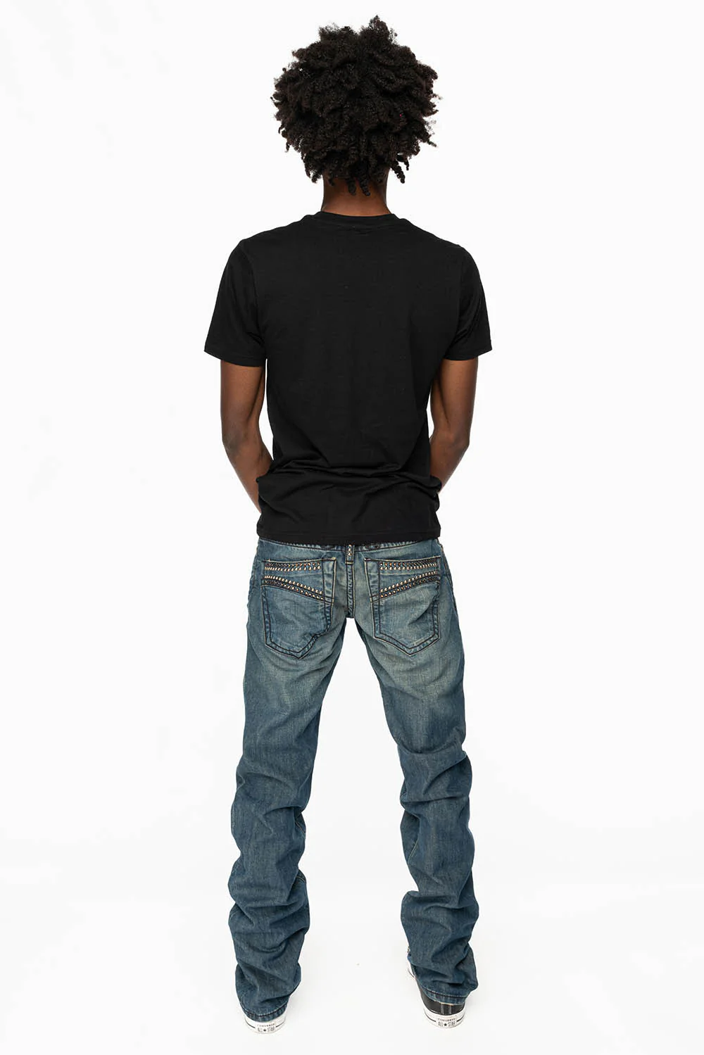 MENS CLASSIC 5 POCKET STRAIGHT LEG JEANS IN SMOKEY MEDIUM WASH WITH STUDS AND CRYSTALS - Image 5