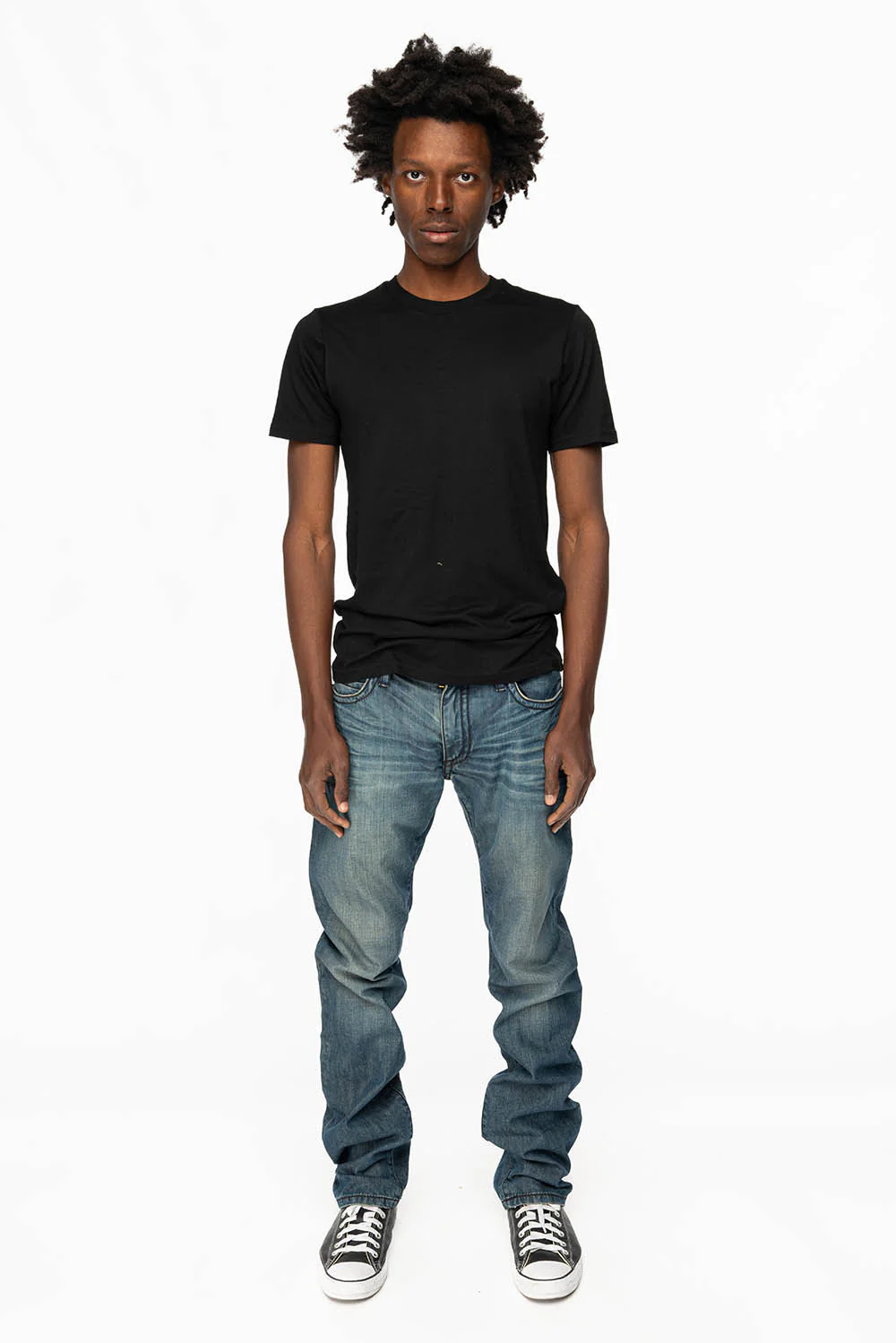 MENS CLASSIC 5 POCKET STRAIGHT LEG JEANS IN SMOKEY MEDIUM WASH WITH STUDS AND CRYSTALS - Image 6