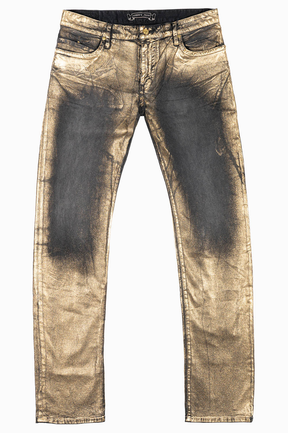 MENS CLASSIC STRAIGHT LEG LONG FLAP JEANS IN BLK LISA GOLD FOIL WITH CRYSTALS - Image 2