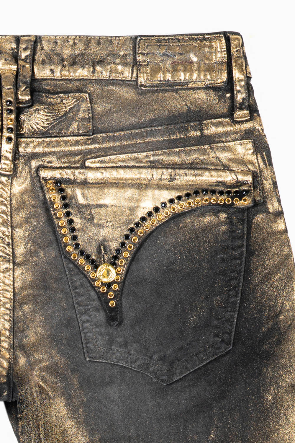 MENS CLASSIC STRAIGHT LEG LONG FLAP JEANS IN BLK LISA GOLD FOIL WITH CRYSTALS - Image 3
