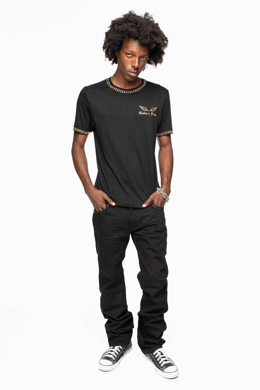 MENS CLASSIC STRAIGHT LEG LONG FLAP JEANS WITH JET BLK AND BLK DIAMOND CRYSTALS IN PURE BLK - Image 10