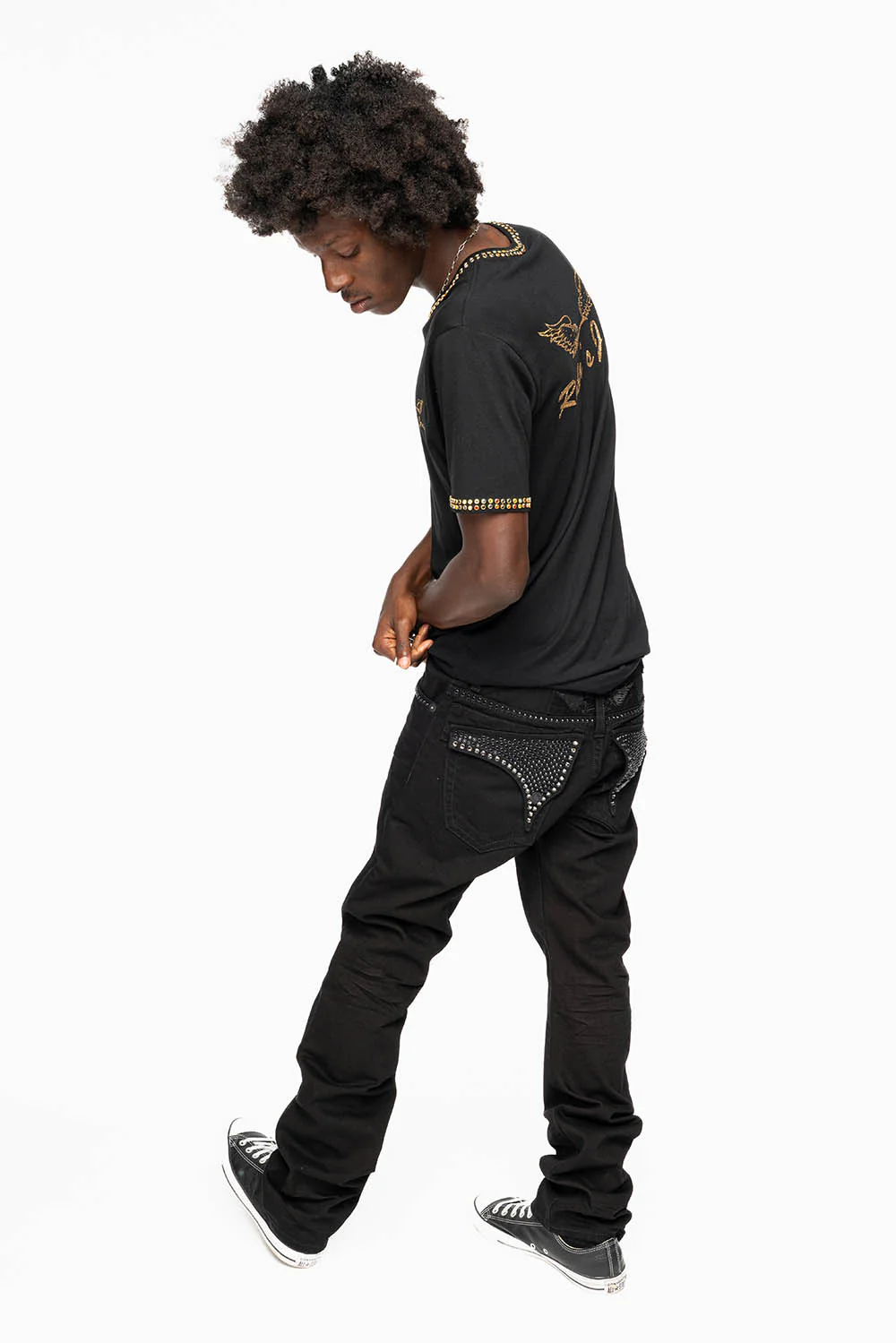 MENS CLASSIC STRAIGHT LEG LONG FLAP JEANS WITH JET BLK AND BLK DIAMOND CRYSTALS IN PURE BLK - Image 2
