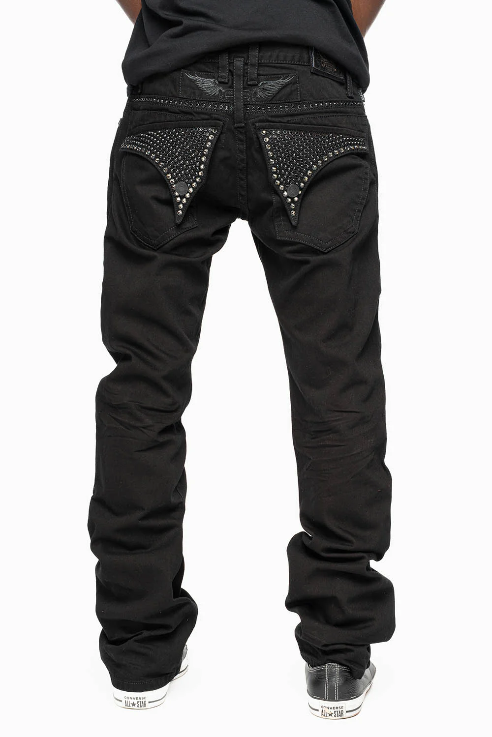 MENS CLASSIC STRAIGHT LEG LONG FLAP JEANS WITH JET BLK AND BLK DIAMOND CRYSTALS IN PURE BLK - Image 3