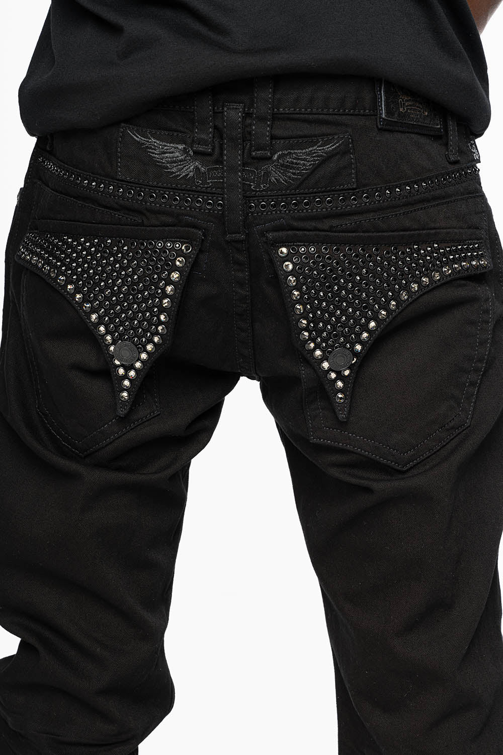 MENS CLASSIC STRAIGHT LEG LONG FLAP JEANS WITH JET BLK AND BLK DIAMOND CRYSTALS IN PURE BLK - Image 4