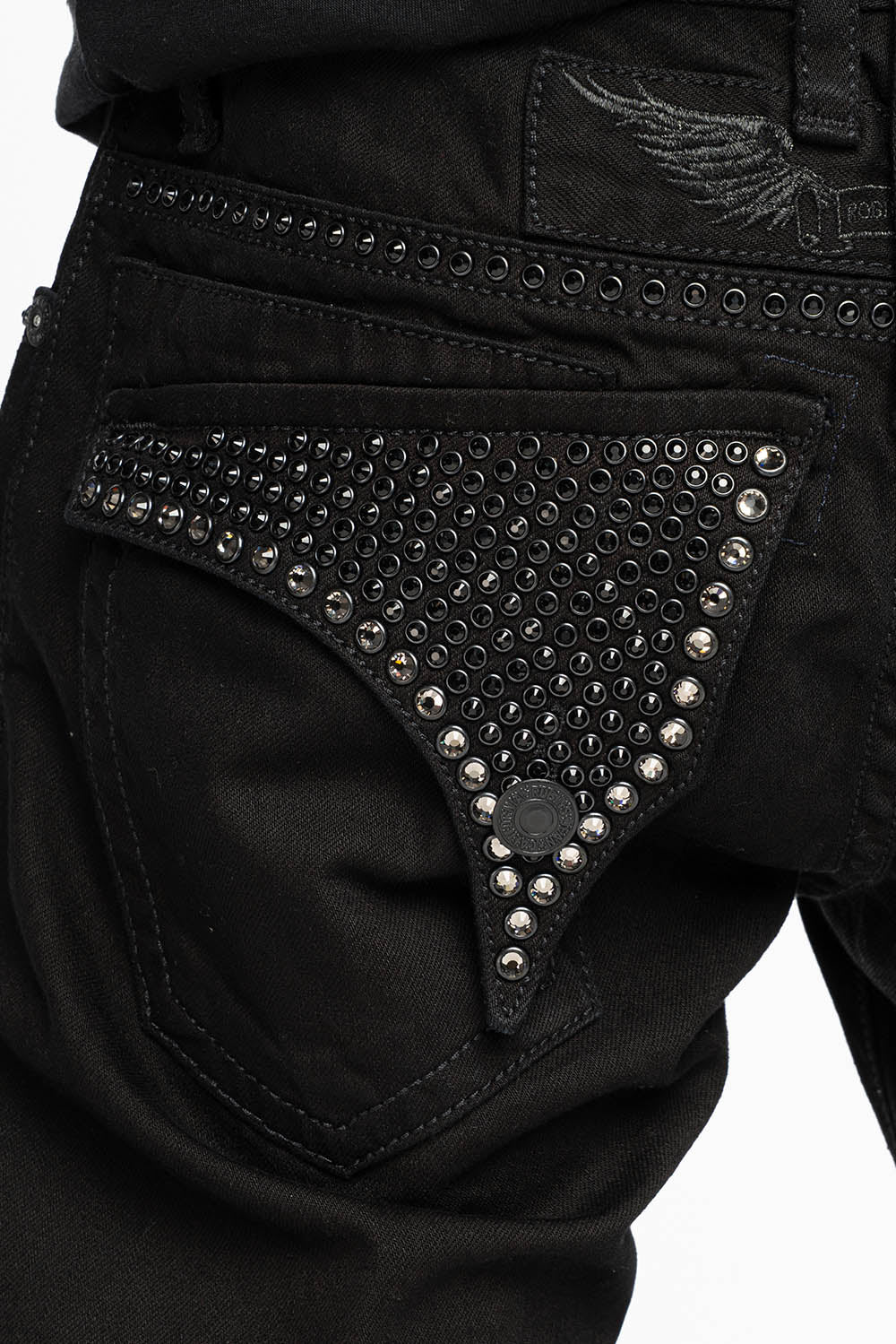 MENS CLASSIC STRAIGHT LEG LONG FLAP JEANS WITH JET BLK AND BLK DIAMOND CRYSTALS IN PURE BLK - Image 5
