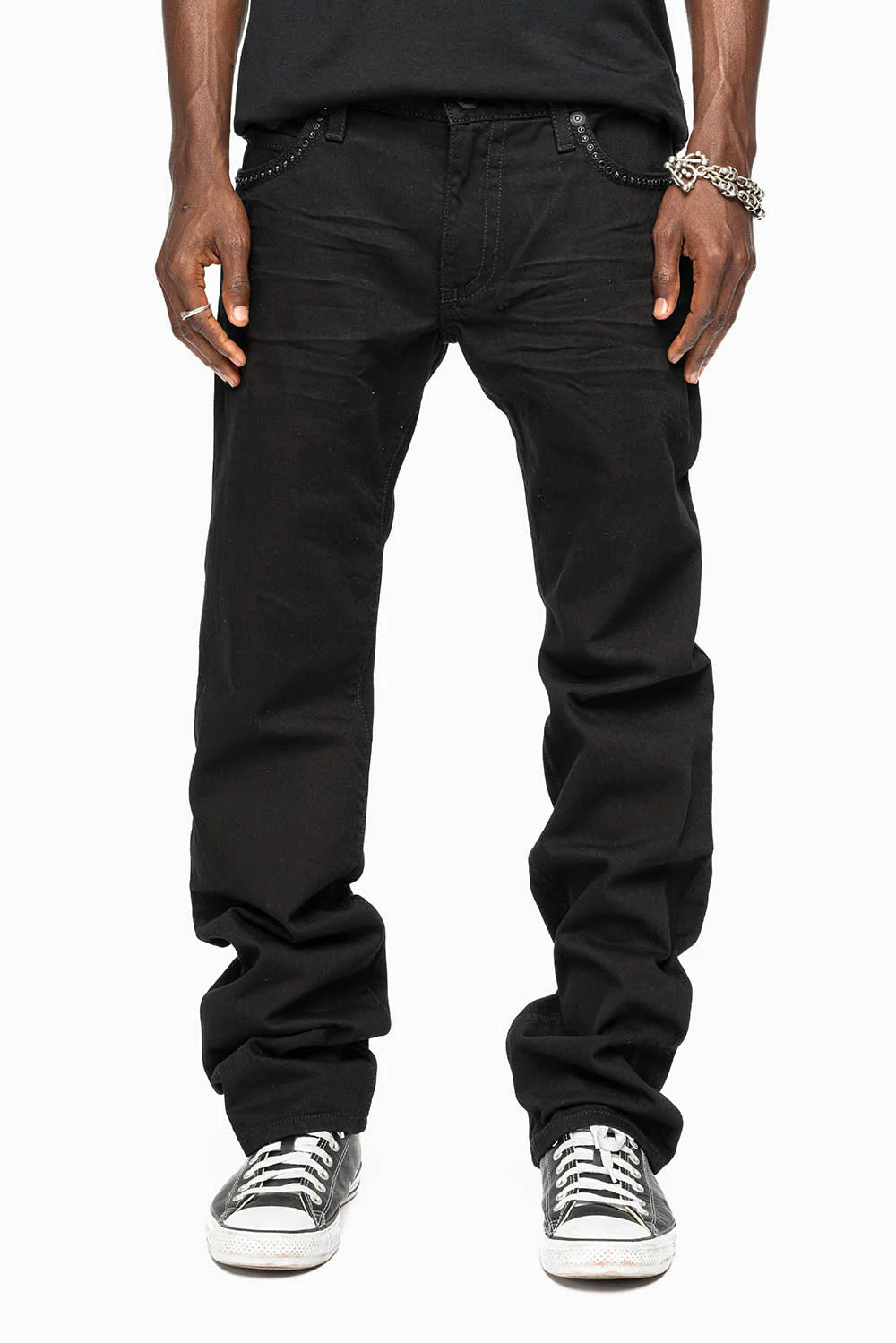 MENS CLASSIC STRAIGHT LEG LONG FLAP JEANS WITH JET BLK AND BLK DIAMOND CRYSTALS IN PURE BLK - Image 6