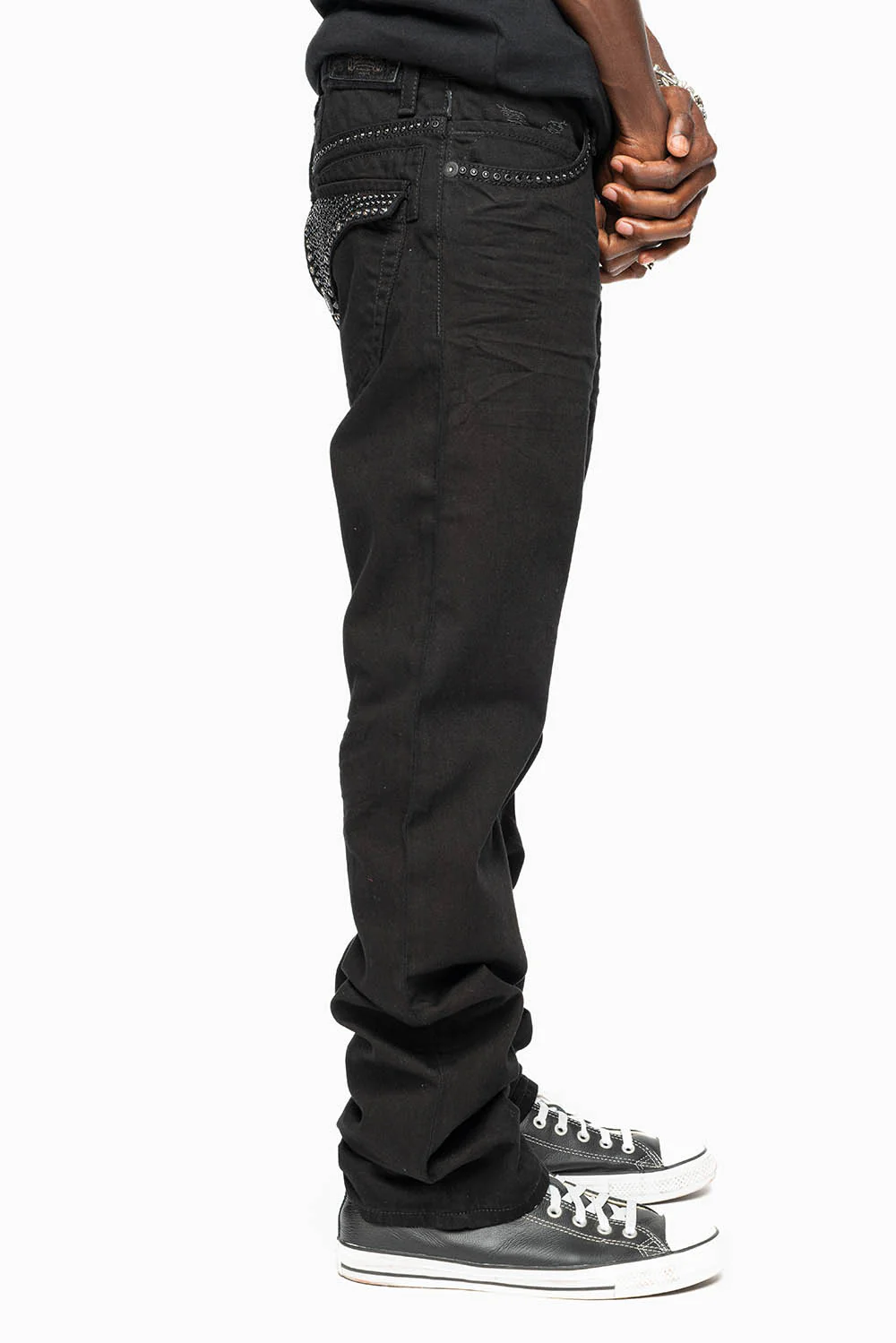 MENS CLASSIC STRAIGHT LEG LONG FLAP JEANS WITH JET BLK AND BLK DIAMOND CRYSTALS IN PURE BLK - Image 7