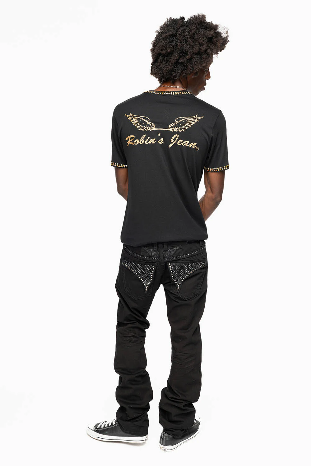 MENS CLASSIC STRAIGHT LEG LONG FLAP JEANS WITH JET BLK AND BLK DIAMOND CRYSTALS IN PURE BLK - Image 8