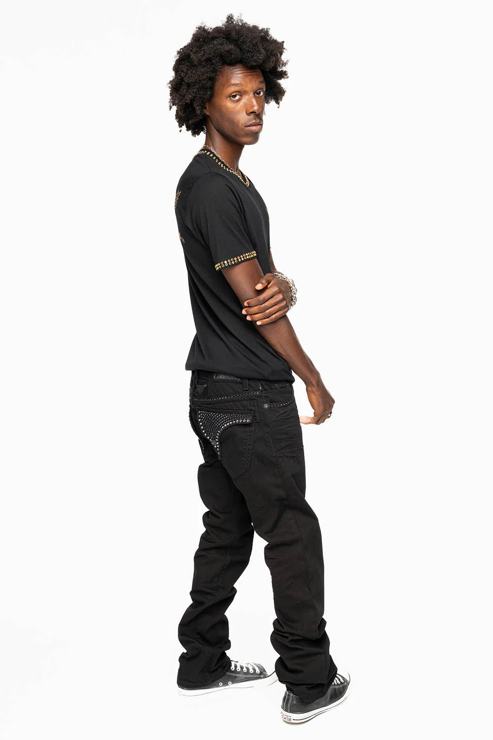 MENS CLASSIC STRAIGHT LEG LONG FLAP JEANS WITH JET BLK AND BLK DIAMOND CRYSTALS IN PURE BLK - Image 9