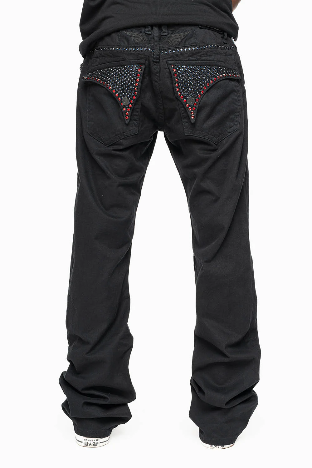 MENS CLASSIC STRAIGHT LEG LONG FLAP JEANS WITH MONTANA BLUE AND RED CRYSTALS IN PURE BLK - Image 2