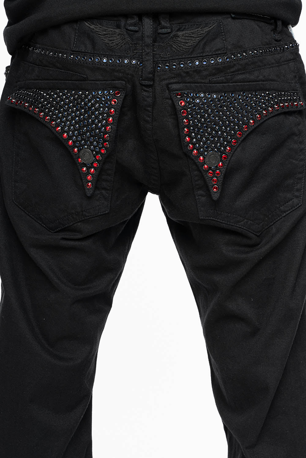 MENS CLASSIC STRAIGHT LEG LONG FLAP JEANS WITH MONTANA BLUE AND RED CRYSTALS IN PURE BLK - Image 3