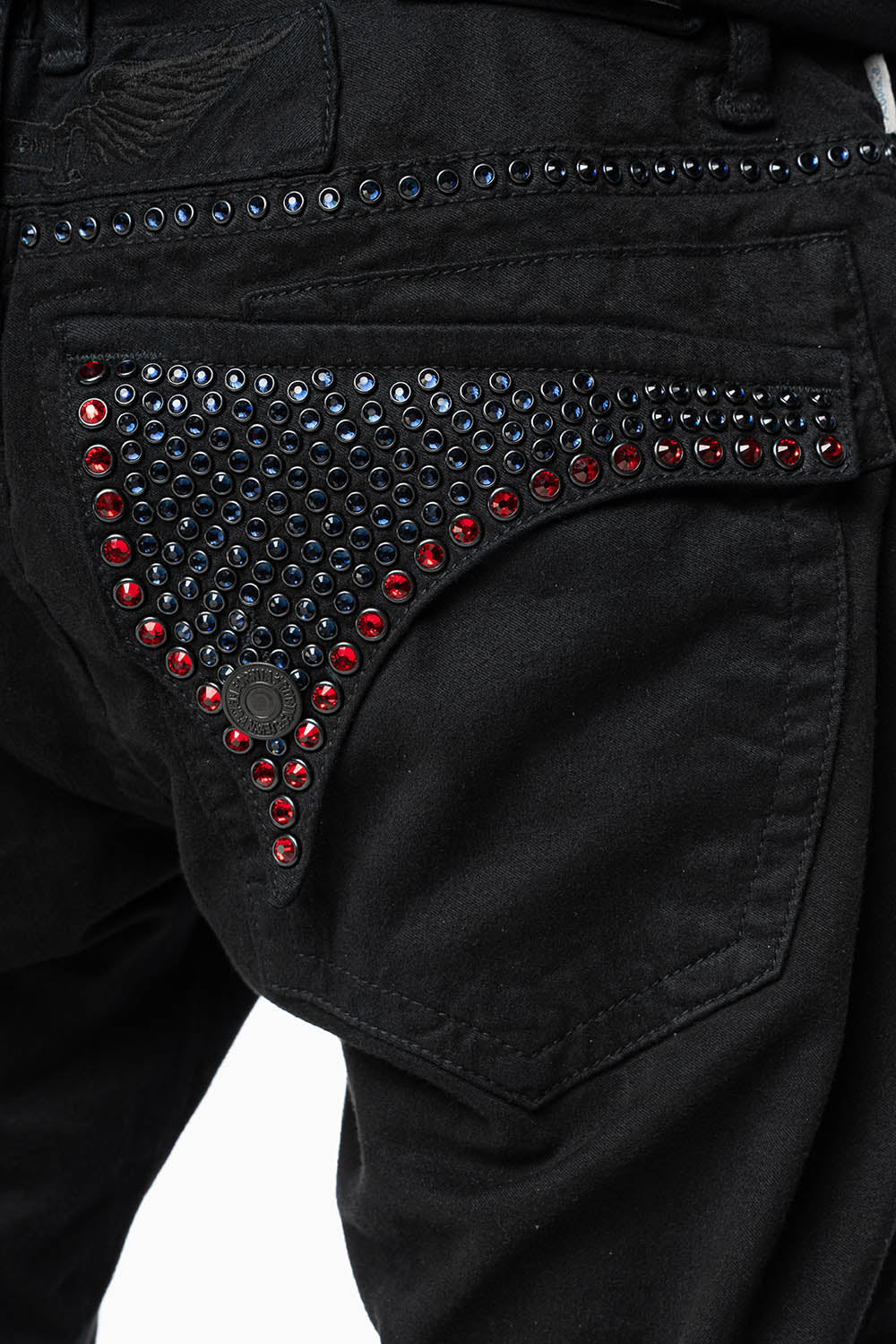 MENS CLASSIC STRAIGHT LEG LONG FLAP JEANS WITH MONTANA BLUE AND RED CRYSTALS IN PURE BLK - Image 4