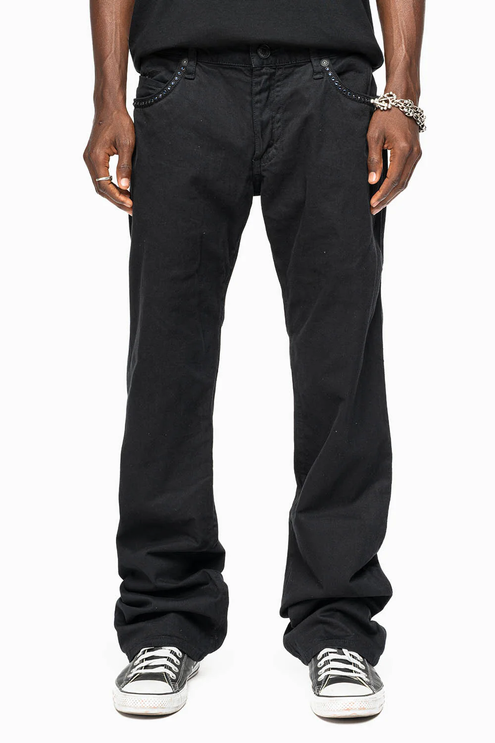 MENS CLASSIC STRAIGHT LEG LONG FLAP JEANS WITH MONTANA BLUE AND RED CRYSTALS IN PURE BLK - Image 5