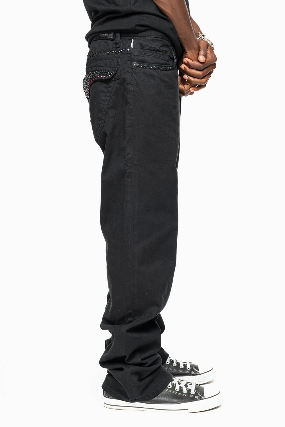 MENS CLASSIC STRAIGHT LEG LONG FLAP JEANS WITH MONTANA BLUE AND RED CRYSTALS IN PURE BLK - Image 6