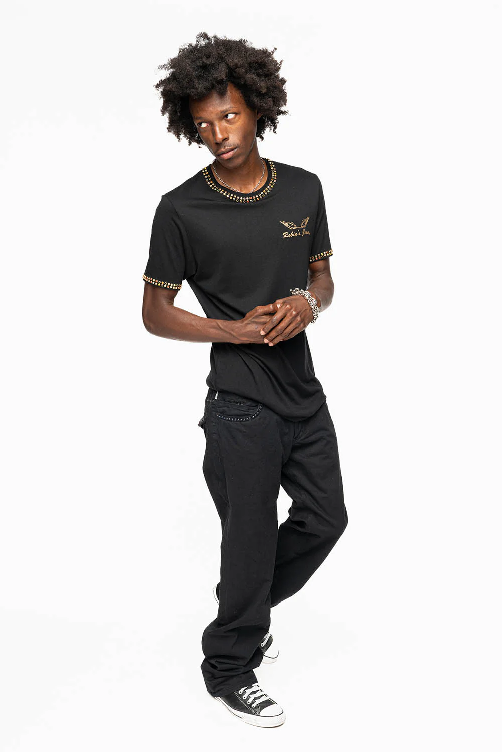 MENS CLASSIC STRAIGHT LEG LONG FLAP JEANS WITH MONTANA BLUE AND RED CRYSTALS IN PURE BLK - Image 7