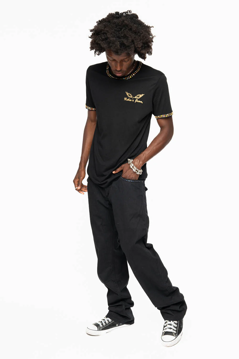 MENS CLASSIC STRAIGHT LEG LONG FLAP JEANS WITH MONTANA BLUE AND RED CRYSTALS IN PURE BLK - Image 8