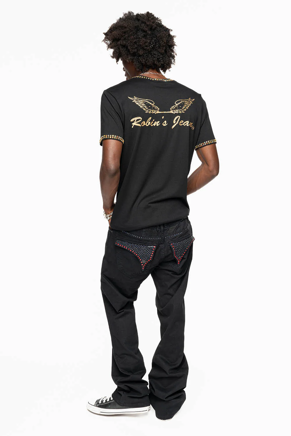 MENS CLASSIC STRAIGHT LEG LONG FLAP JEANS WITH MONTANA BLUE AND RED CRYSTALS IN PURE BLK - Image 9