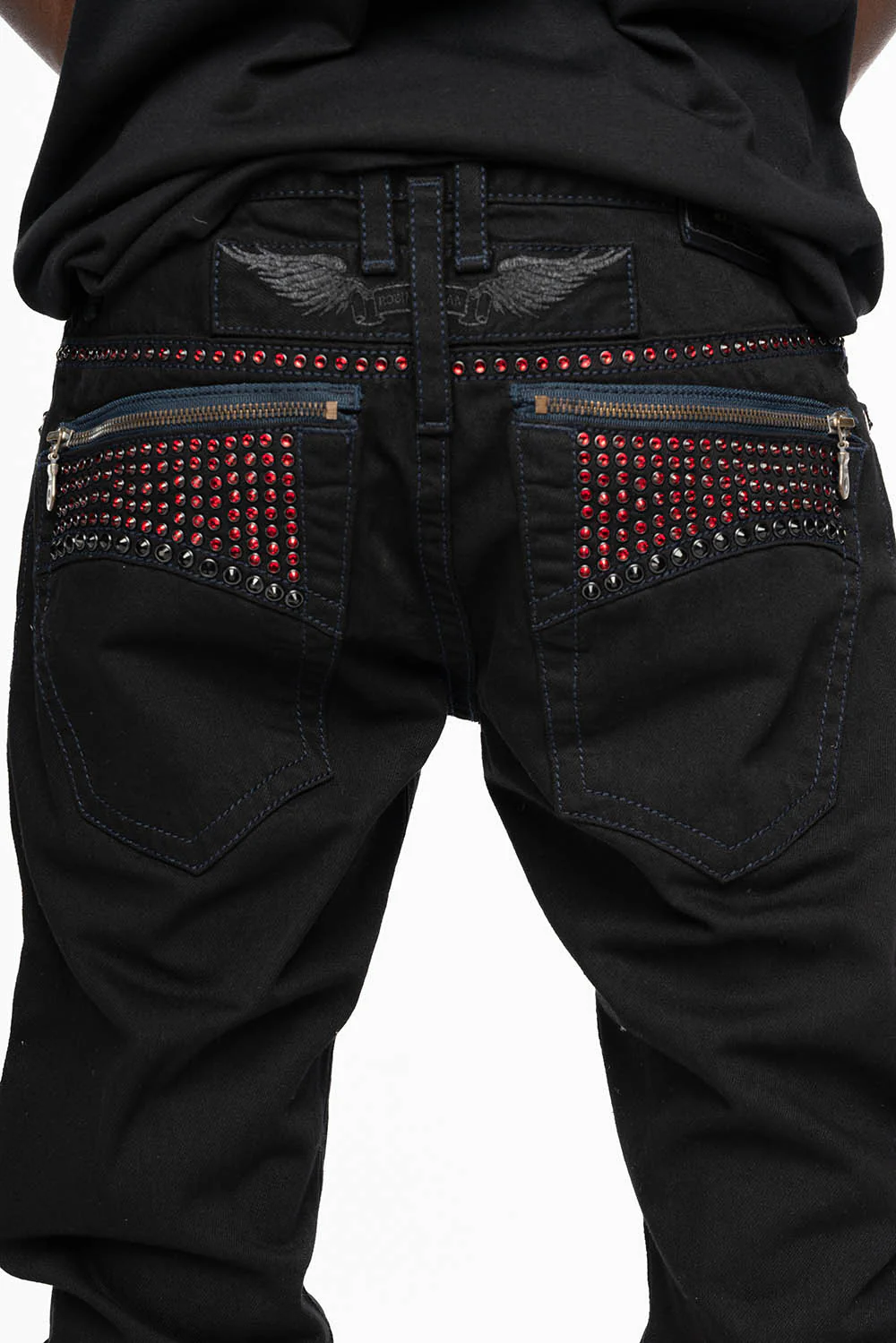MENS CLASSIC STRAIGHT LEG ZIPPER JEAN IN PURE BLK WASH WITH RED AND LARGE JET BLK CRYSTALS - Image 2