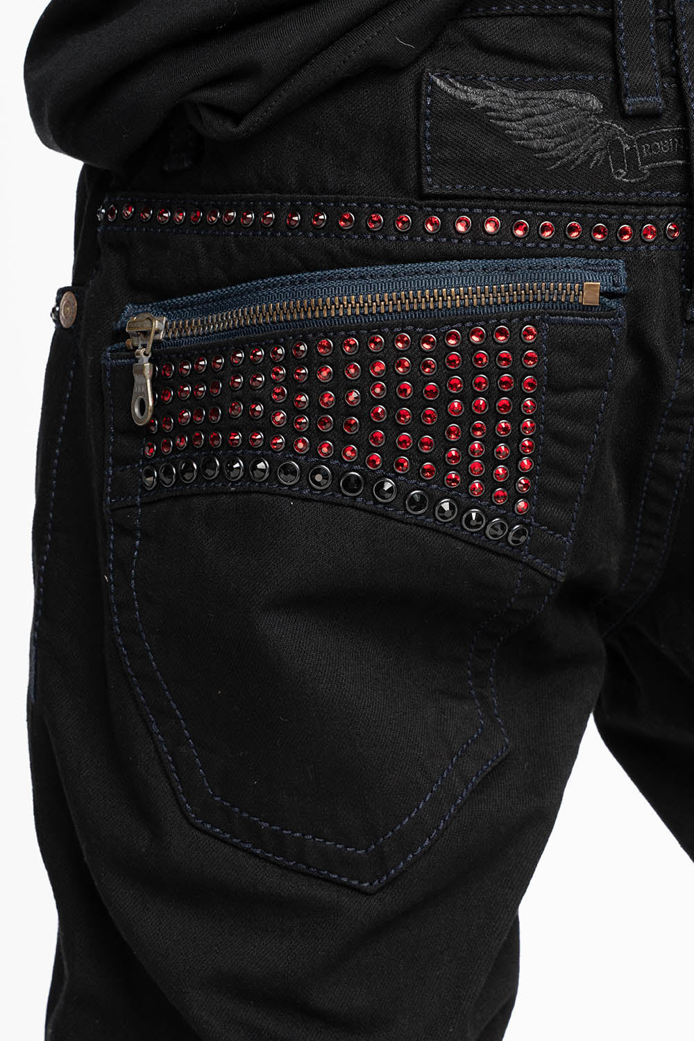 MENS CLASSIC STRAIGHT LEG ZIPPER JEAN IN PURE BLK WASH WITH RED AND LARGE JET BLK CRYSTALS - Image 3