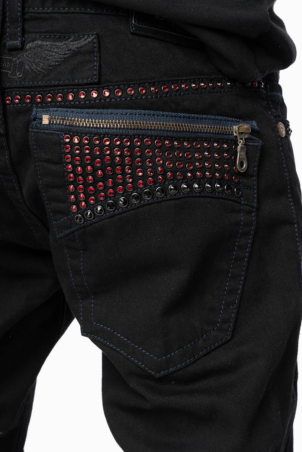 MENS CLASSIC STRAIGHT LEG ZIPPER JEAN IN PURE BLK WASH WITH RED AND LARGE JET BLK CRYSTALS - Image 4