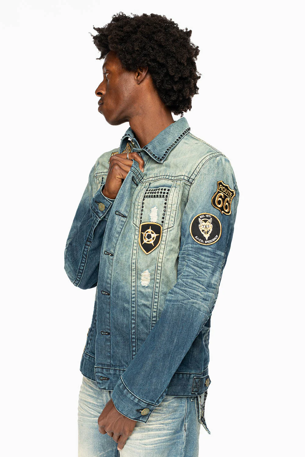 MENS DENIM JACKET IN BLUE ALBANY DARK  EMBELLISHED WITH JET BLK CRYSTALS AND PATCHES