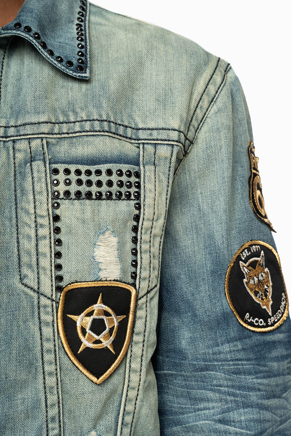 MENS DENIM JACKET IN BLUE ALBANY DARK  EMBELLISHED WITH JET BLK CRYSTALS AND PATCHES - Image 2