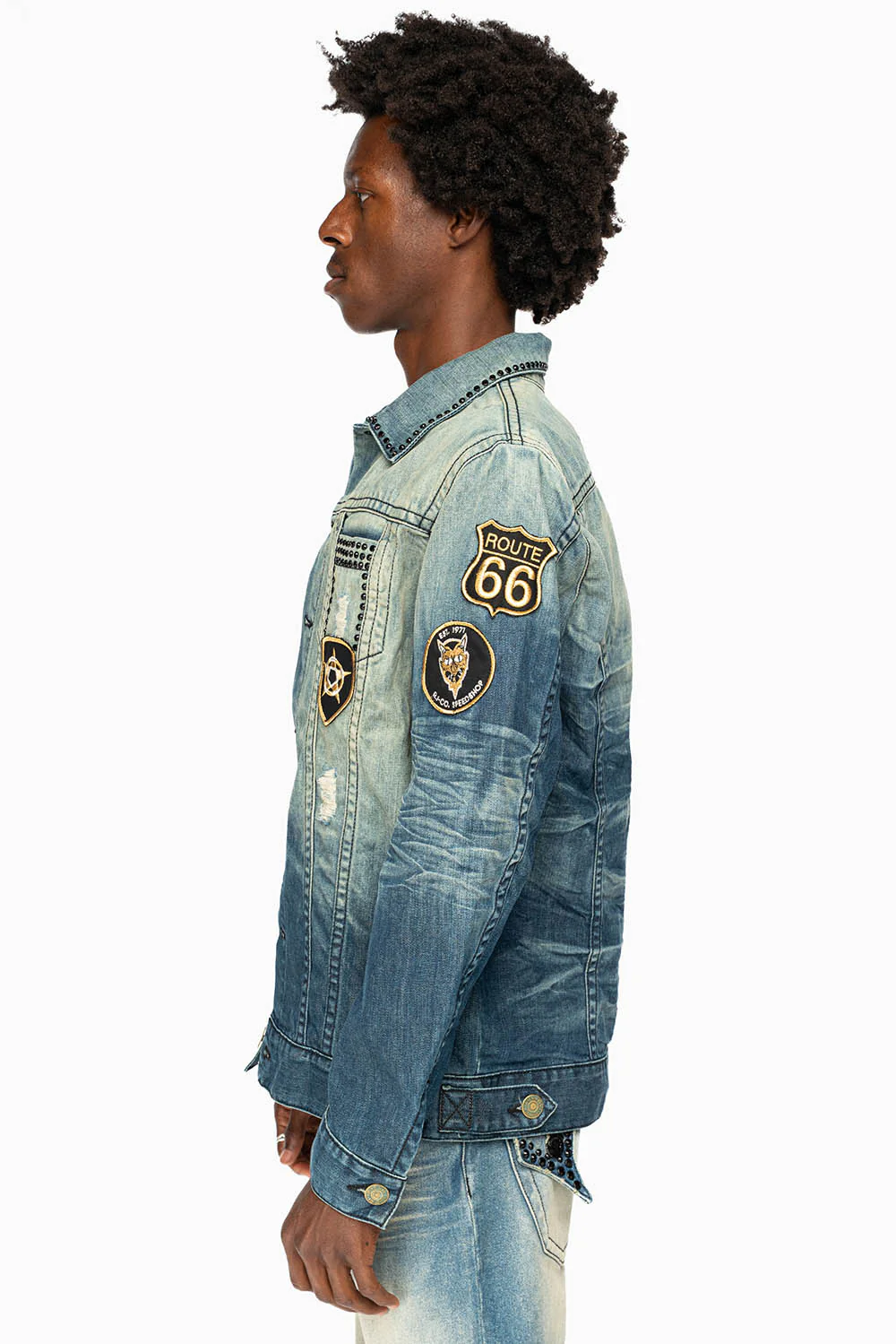 MENS DENIM JACKET IN BLUE ALBANY DARK  EMBELLISHED WITH JET BLK CRYSTALS AND PATCHES - Image 3