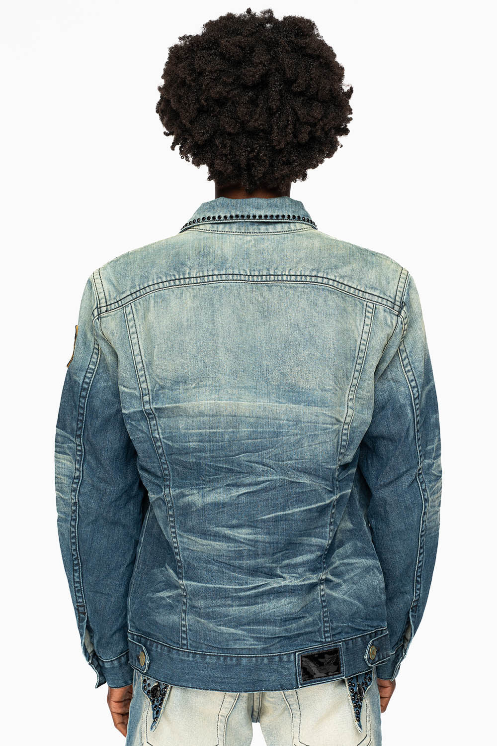 MENS DENIM JACKET IN BLUE ALBANY DARK  EMBELLISHED WITH JET BLK CRYSTALS AND PATCHES - Image 5