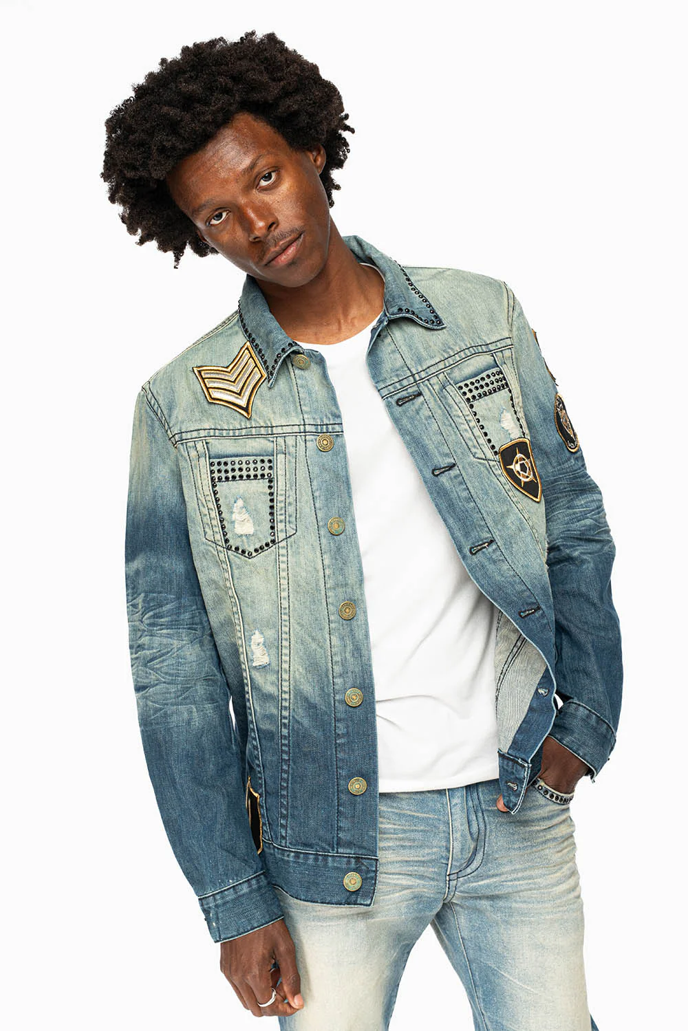 MENS DENIM JACKET IN BLUE ALBANY DARK  EMBELLISHED WITH JET BLK CRYSTALS AND PATCHES - Image 6