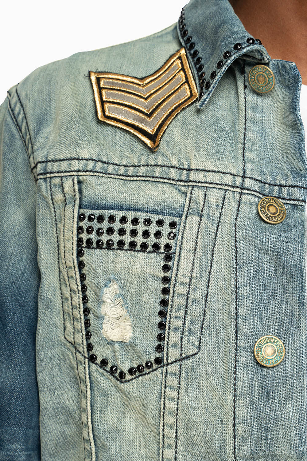 MENS DENIM JACKET IN BLUE ALBANY DARK  EMBELLISHED WITH JET BLK CRYSTALS AND PATCHES - Image 7