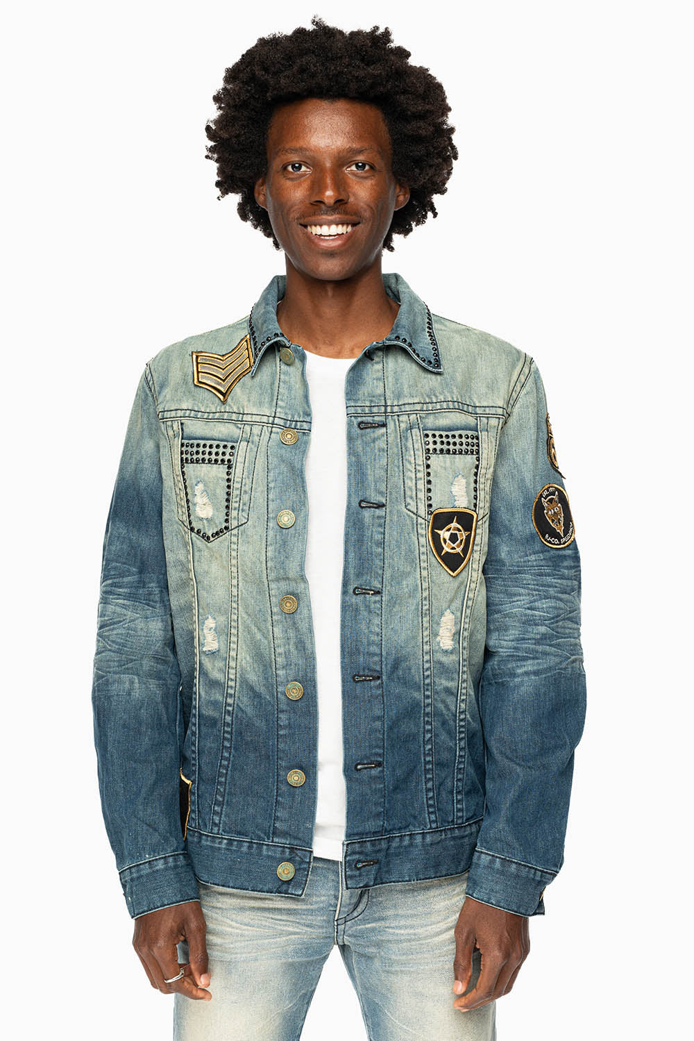 MENS DENIM JACKET IN BLUE ALBANY DARK  EMBELLISHED WITH JET BLK CRYSTALS AND PATCHES - Image 8