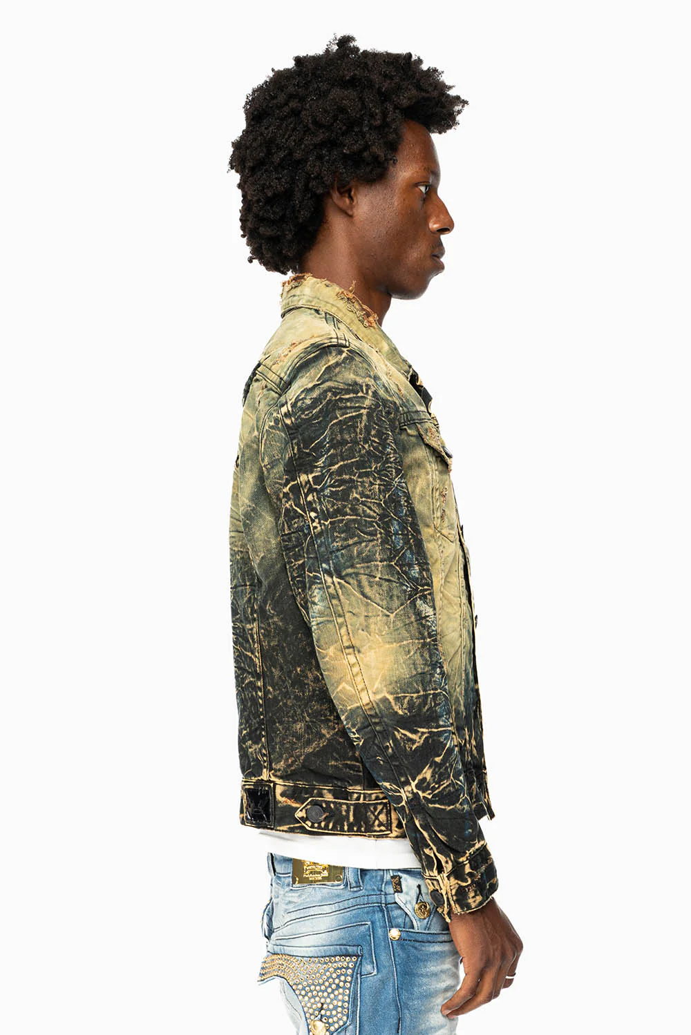 MENS DENIM JACKET IN LIGHT YELLOW 4D DARK PERU WASH WITH BLACK WINGS - Image 3